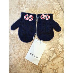 Gucci Baby Navy Blue Winter Mittens With Iconic GG Logo 100% Wool New With Tags